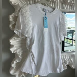 Tanya Taylor White Short Sleeve Tee with Feather Detail